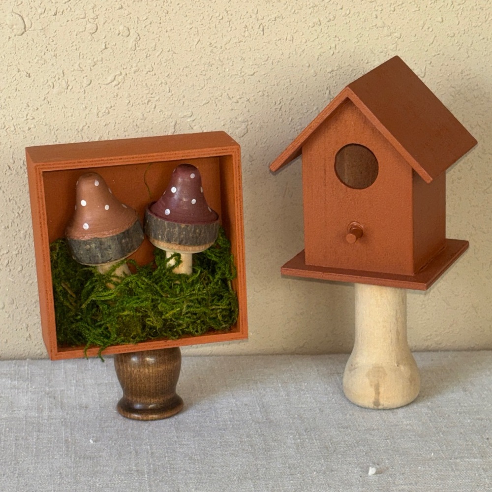 Rust Terracotta Wooden Birdhouse and Mushroom Shadow Box Set